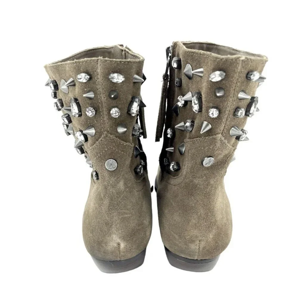 Sam Edelman Avril Bootie Dark Taupe Suede Leather Crystal Studded SZ 7 NEW